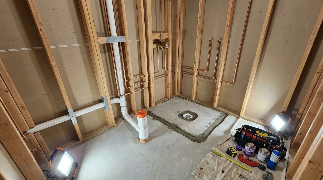 Bathroom rough-in plumbing during remodel by Johns Plumbing LLC in Roselle