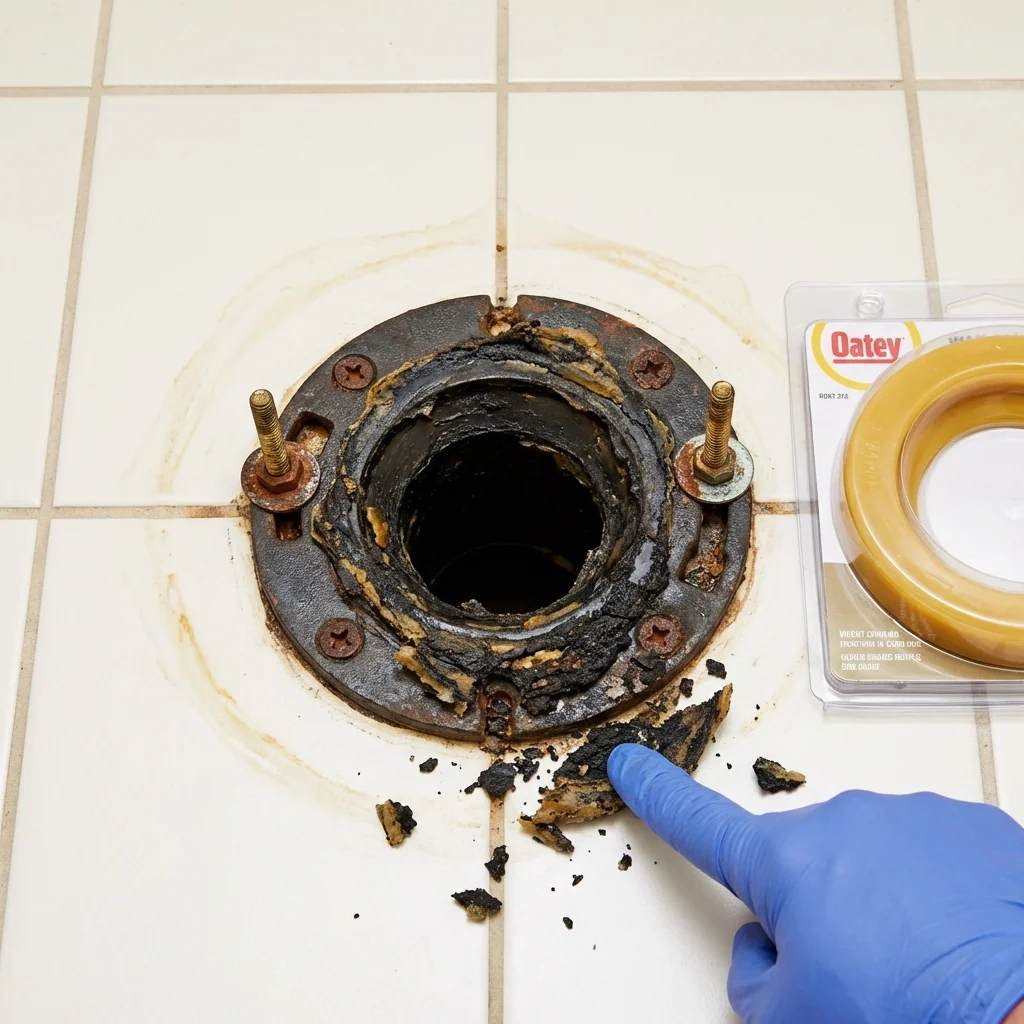 Failed wax ring showing water seepage at the base of a toilet in a Roselle, IL home