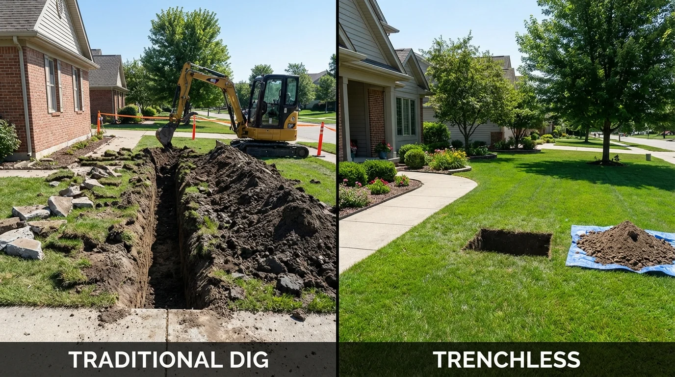 Trenchless sewer repair with minimal yard damage versus traditional excavation in Roselle, IL