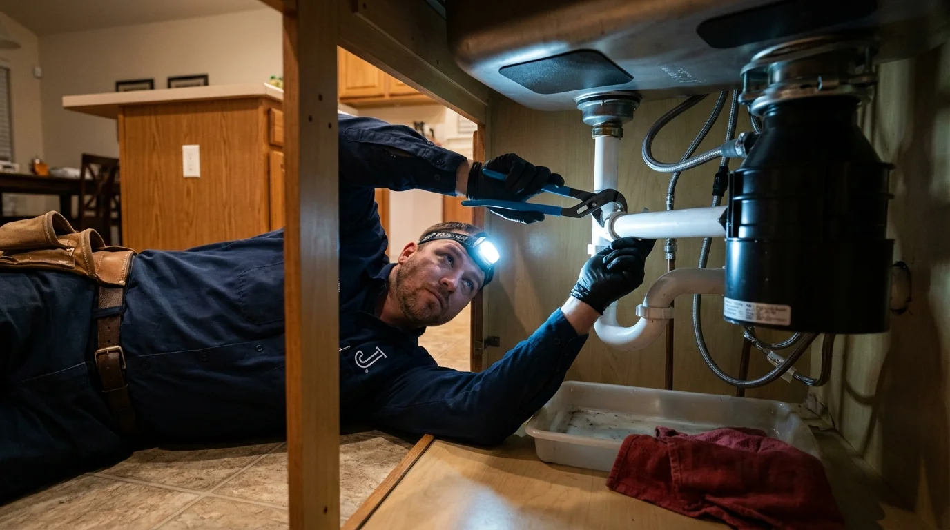 P-trap and supply line connections under a kitchen sink showing a common leak point in Roselle, IL